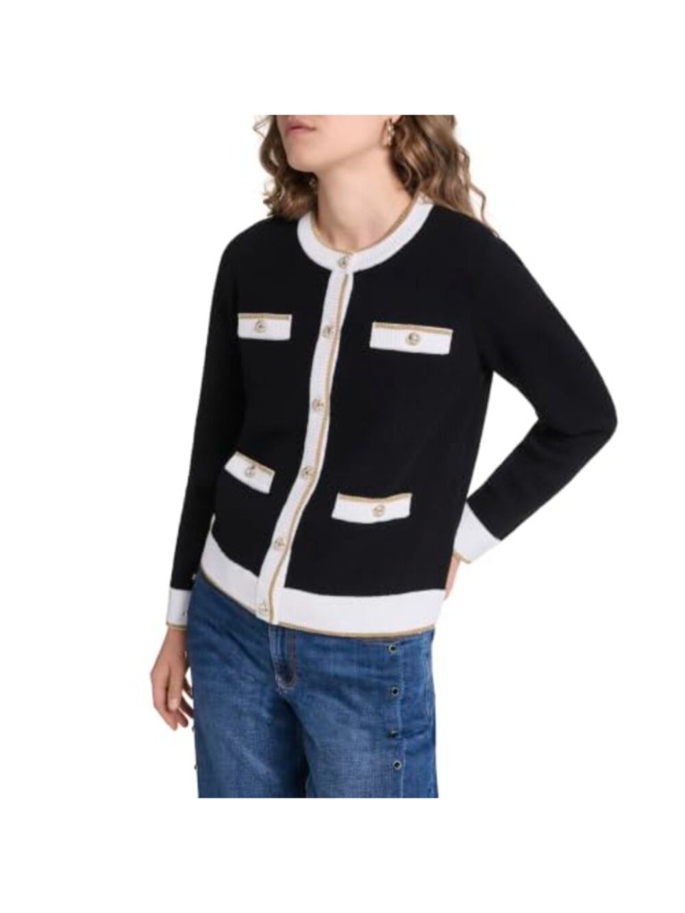 Gold Button Contrast Trim Cardigan Sweater Long Sleeve Crew Neck Regular Fit